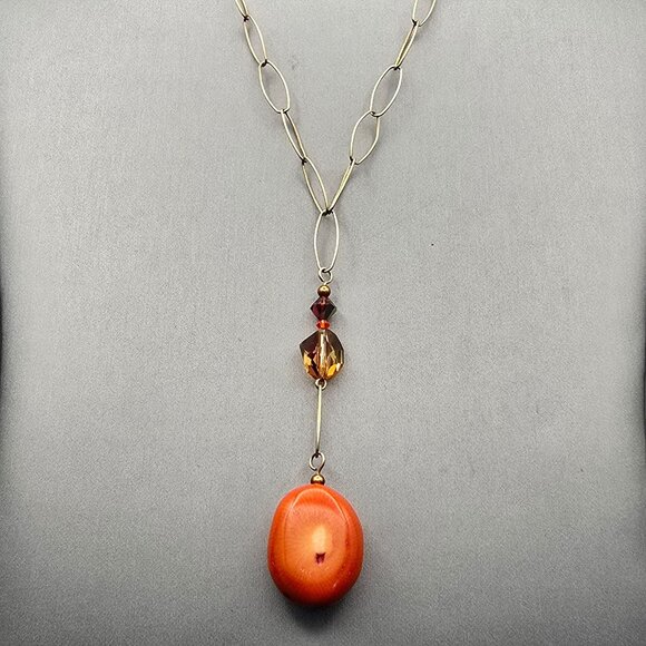 Estate Jewelry - VTG 14k GF & Natural Coral w/ Crystals Pendant Y-Drop Necklace Paperclip Chain